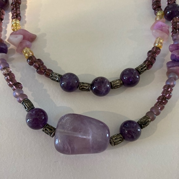 Multilayered Amethyst? Beaded Double Strand Semi Precious Boho Necklace - Picture 7 of 16